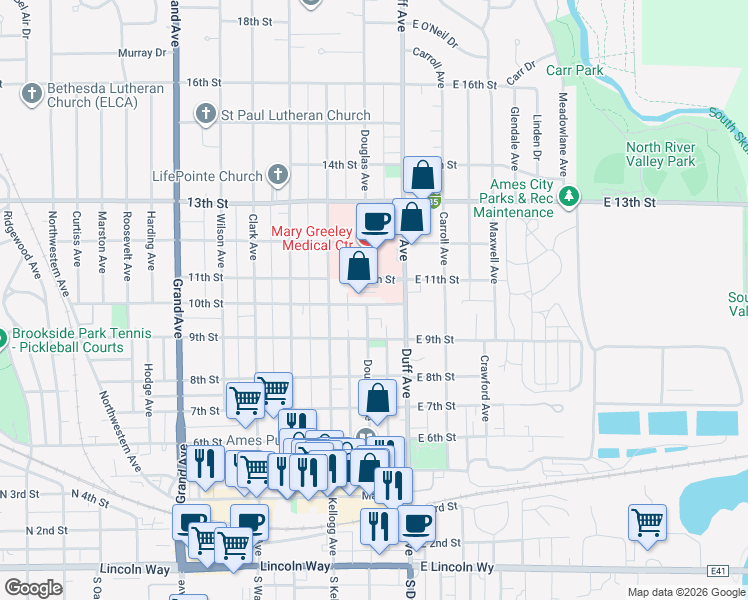 map of restaurants, bars, coffee shops, grocery stores, and more near 1002 Douglas Avenue in Ames