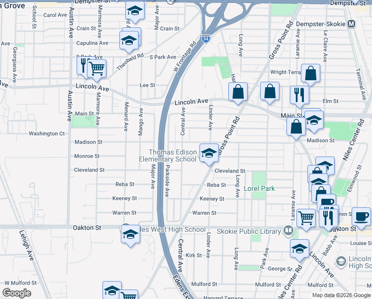 map of restaurants, bars, coffee shops, grocery stores, and more near 8237 Central Avenue in Morton Grove
