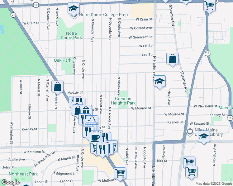 map of restaurants, bars, coffee shops, grocery stores, and more near 8256 North Oketo Avenue in Niles