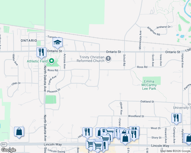 map of restaurants, bars, coffee shops, grocery stores, and more near 1005 Garfield Avenue in Ames