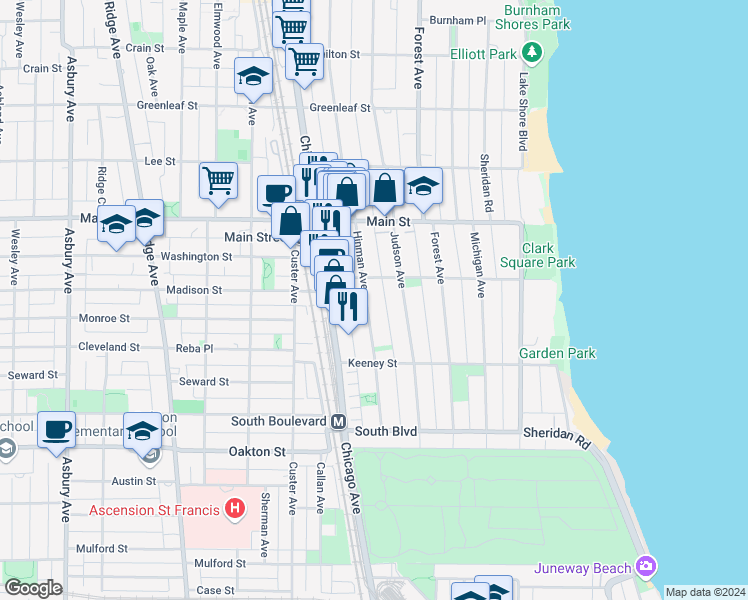 map of restaurants, bars, coffee shops, grocery stores, and more near 735 Hinman Avenue in Evanston