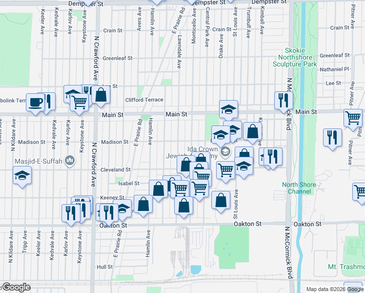 map of restaurants, bars, coffee shops, grocery stores, and more near 3637 Madison Street in Skokie