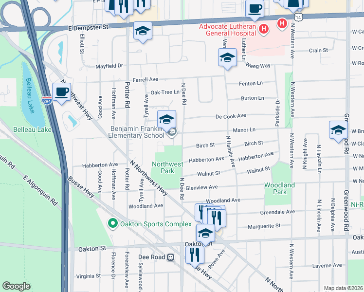 map of restaurants, bars, coffee shops, grocery stores, and more near 2240 Birch Street in Park Ridge