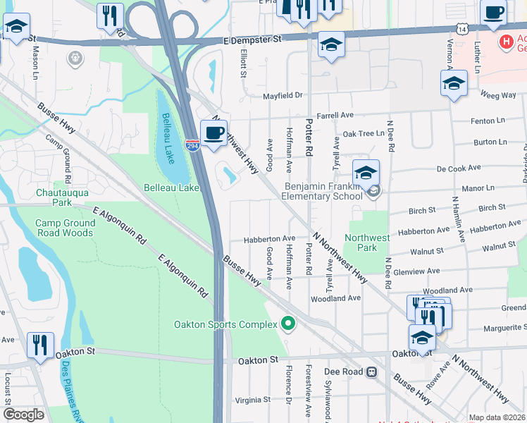 map of restaurants, bars, coffee shops, grocery stores, and more near 1332 Good Avenue in Park Ridge
