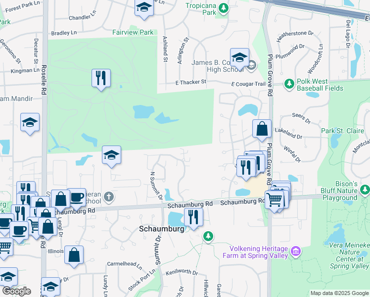 map of restaurants, bars, coffee shops, grocery stores, and more near 153 Bright Ridge Drive in Schaumburg
