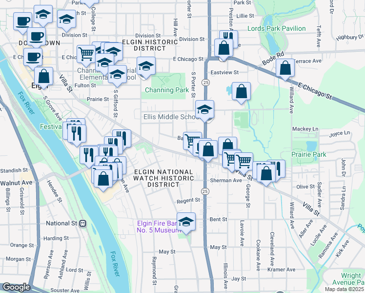map of restaurants, bars, coffee shops, grocery stores, and more near 505 Barrett Street in Elgin
