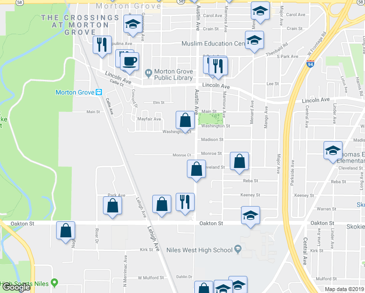 map of restaurants, bars, coffee shops, grocery stores, and more near 8220 Austin Avenue in Morton Grove
