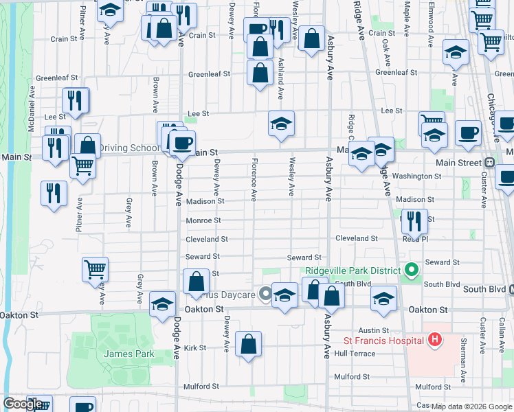 map of restaurants, bars, coffee shops, grocery stores, and more near 1530 Madison Street in Evanston