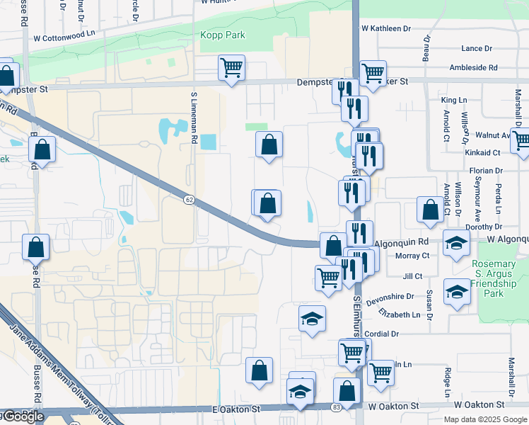 map of restaurants, bars, coffee shops, grocery stores, and more near 3029 Malmo Drive in Arlington Heights