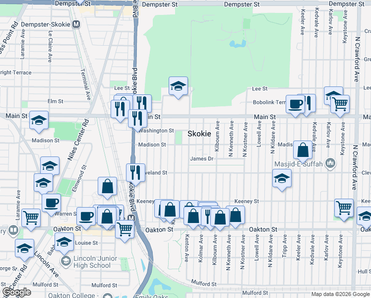 map of restaurants, bars, coffee shops, grocery stores, and more near 8252 Kenton Avenue in Skokie