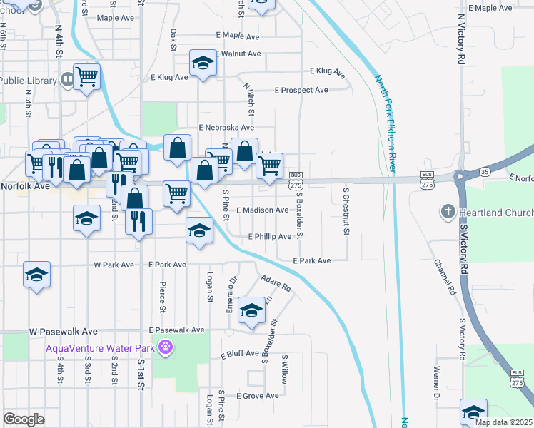 map of restaurants, bars, coffee shops, grocery stores, and more near 508 East Madison Avenue in Norfolk