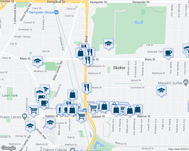 map of restaurants, bars, coffee shops, grocery stores, and more near 8253 Keating Avenue in Skokie