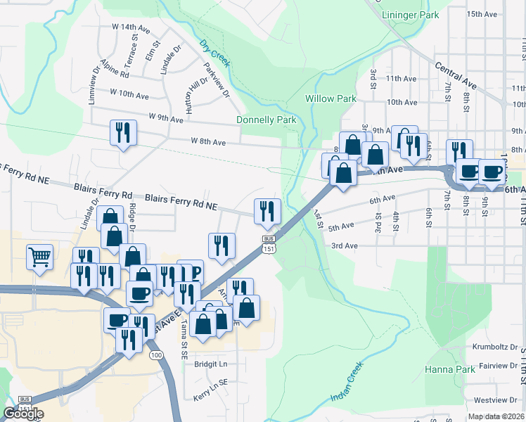 map of restaurants, bars, coffee shops, grocery stores, and more near 725 Blairs Ferry Road in Marion