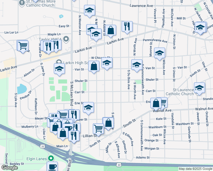 map of restaurants, bars, coffee shops, grocery stores, and more near 115 South Aldine Avenue in Elgin