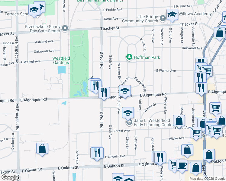 map of restaurants, bars, coffee shops, grocery stores, and more near 671 Walnut Court in Des Plaines