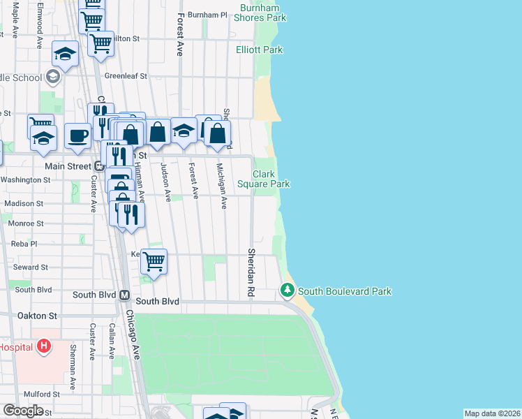 map of restaurants, bars, coffee shops, grocery stores, and more near 735 Sheridan Road in Evanston