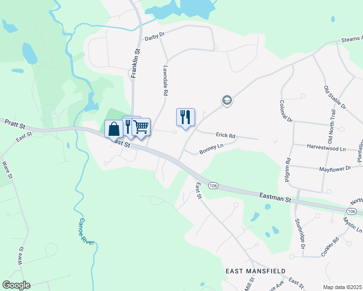 map of restaurants, bars, coffee shops, grocery stores, and more near 56 Stearns Avenue in Mansfield