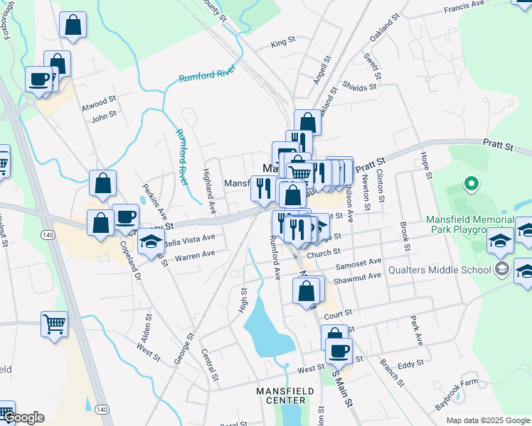 map of restaurants, bars, coffee shops, grocery stores, and more near 214 Rumford Avenue in Mansfield