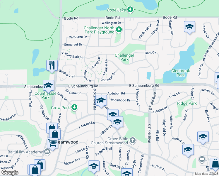 map of restaurants, bars, coffee shops, grocery stores, and more near 403 East Schaumburg Road in Streamwood