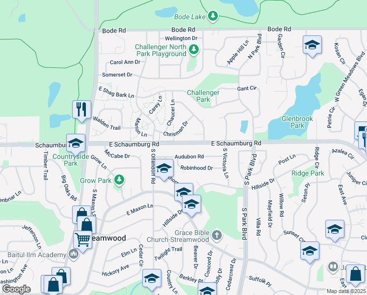 map of restaurants, bars, coffee shops, grocery stores, and more near 403 East Schaumburg Road in Streamwood