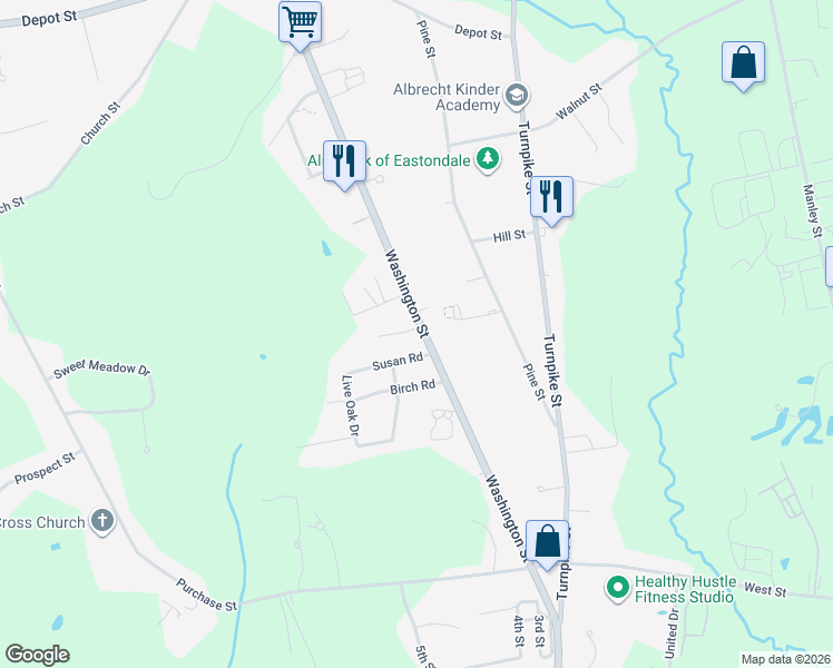 map of restaurants, bars, coffee shops, grocery stores, and more near 847 Washington Street in Easton