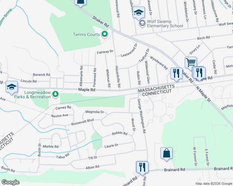 map of restaurants, bars, coffee shops, grocery stores, and more near 501 Maple Road in Longmeadow