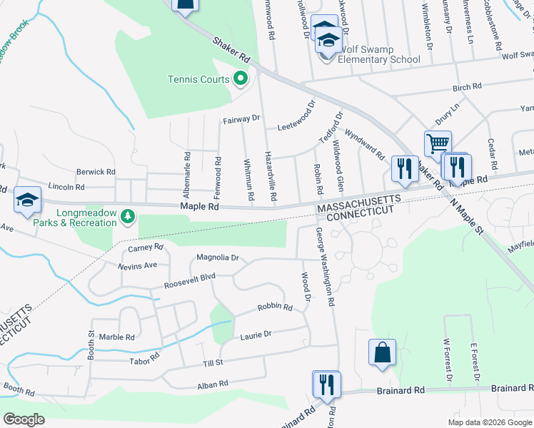 map of restaurants, bars, coffee shops, grocery stores, and more near 501 Maple Road in Longmeadow