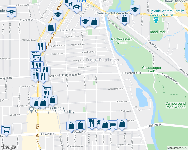 map of restaurants, bars, coffee shops, grocery stores, and more near 1200 White Street in Des Plaines