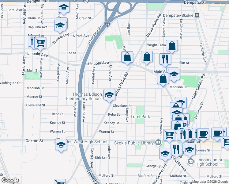 map of restaurants, bars, coffee shops, grocery stores, and more near 8240 Gross Point Road in Morton Grove