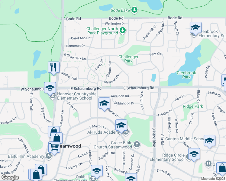map of restaurants, bars, coffee shops, grocery stores, and more near 403 East Schaumburg Road in Streamwood