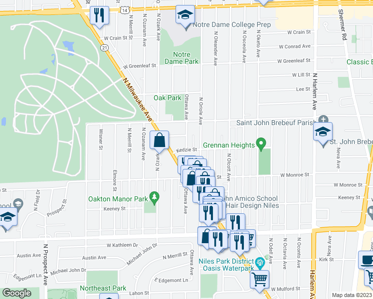 map of restaurants, bars, coffee shops, grocery stores, and more near 8300 Ottawa Avenue in Niles