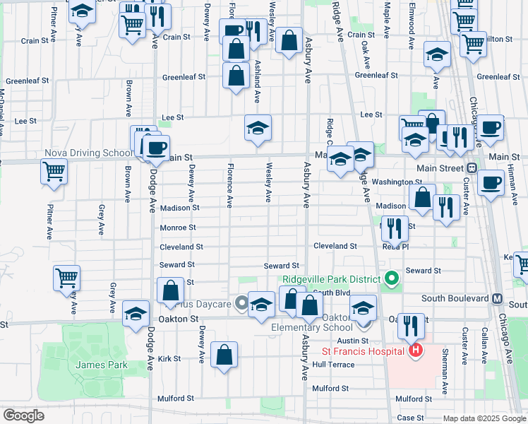 map of restaurants, bars, coffee shops, grocery stores, and more near 1428 Madison Street in Evanston