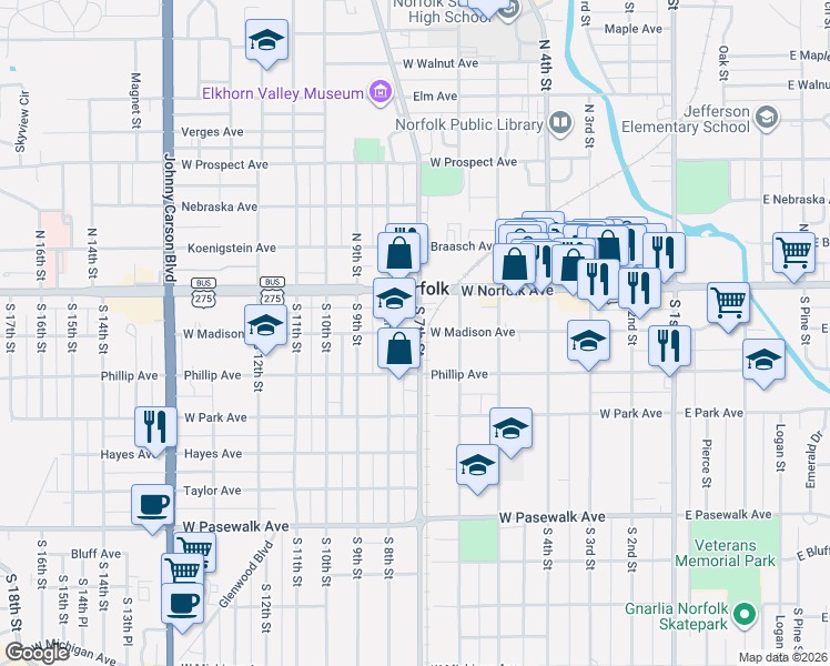 map of restaurants, bars, coffee shops, grocery stores, and more near 700-798 Madison Ave in Norfolk
