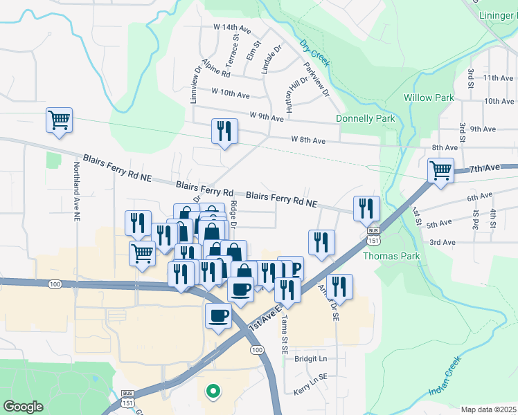 map of restaurants, bars, coffee shops, grocery stores, and more near 1130 Mitchell Drive in Marion