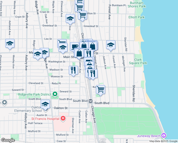 map of restaurants, bars, coffee shops, grocery stores, and more near 733 Chicago Avenue in Evanston