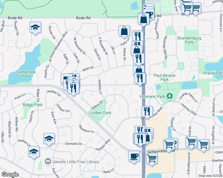 map of restaurants, bars, coffee shops, grocery stores, and more near 1 Maidstone Court in Schaumburg
