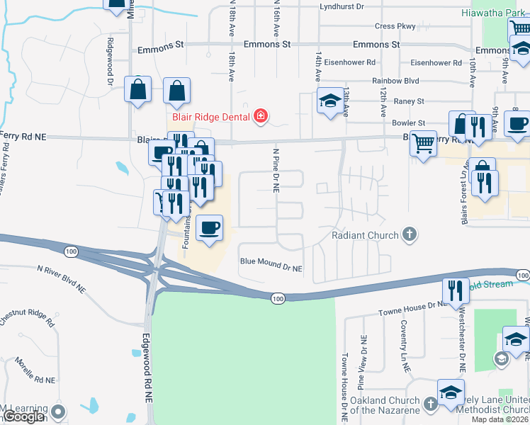 map of restaurants, bars, coffee shops, grocery stores, and more near 3809 Spruce Wood Court Northeast in Cedar Rapids