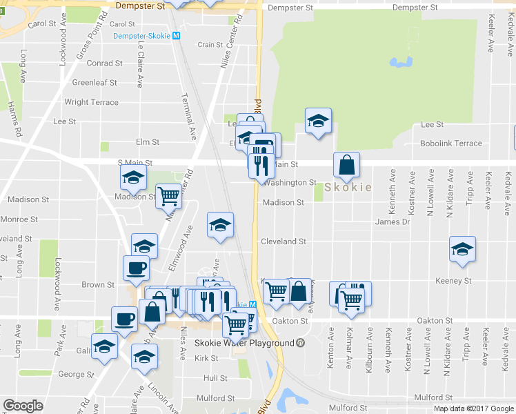 map of restaurants, bars, coffee shops, grocery stores, and more near 8255 Skokie Boulevard in Skokie