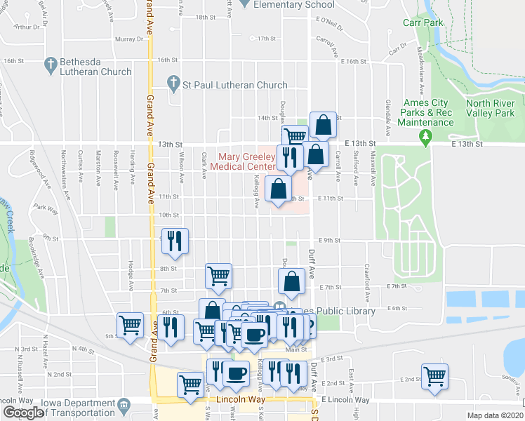 map of restaurants, bars, coffee shops, grocery stores, and more near 1004 Kellogg Avenue in Ames