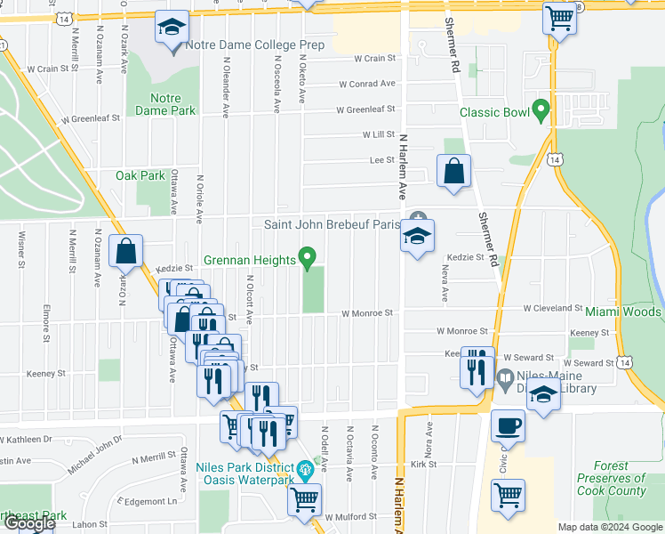 map of restaurants, bars, coffee shops, grocery stores, and more near 8259 North Odell Avenue in Niles