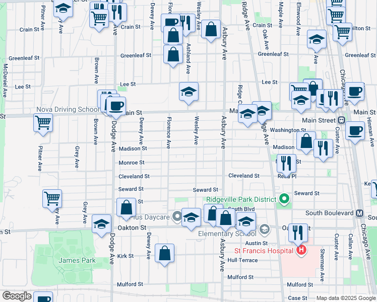 map of restaurants, bars, coffee shops, grocery stores, and more near 1428 Madison Street in Evanston