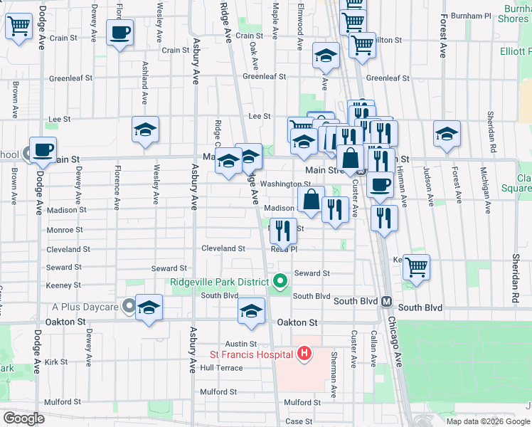 map of restaurants, bars, coffee shops, grocery stores, and more near 737 Ridge Avenue in Evanston