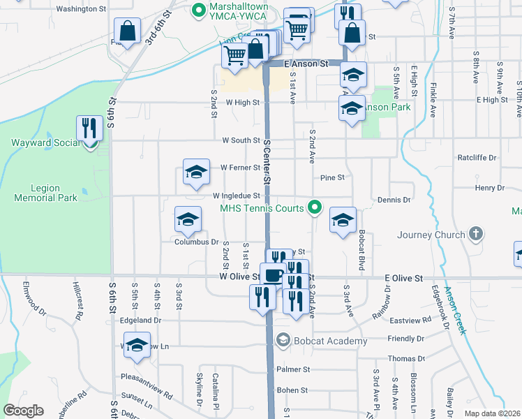 map of restaurants, bars, coffee shops, grocery stores, and more near 1407 South Center Street in Marshalltown
