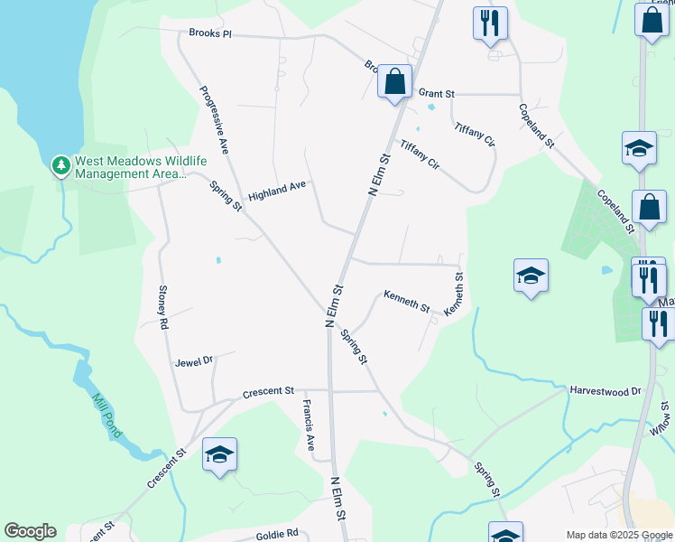 map of restaurants, bars, coffee shops, grocery stores, and more near 356 North Elm Street in West Bridgewater