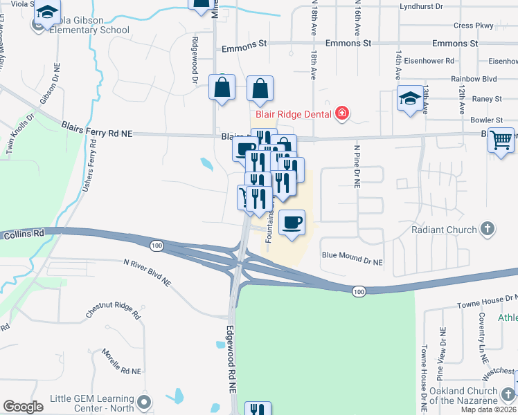 map of restaurants, bars, coffee shops, grocery stores, and more near 5240 Edgewood Road Northeast in Cedar Rapids
