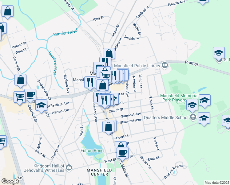 map of restaurants, bars, coffee shops, grocery stores, and more near 30 Pleasant Street in Mansfield