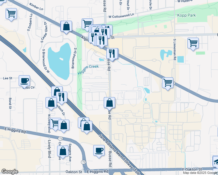 map of restaurants, bars, coffee shops, grocery stores, and more near 1190 Busse Road in Mount Prospect