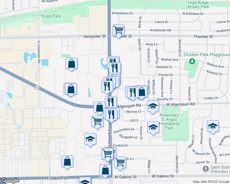 map of restaurants, bars, coffee shops, grocery stores, and more near 1185 Elmhurst Road in Des Plaines