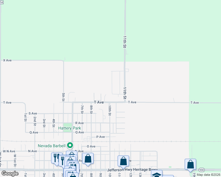 map of restaurants, bars, coffee shops, grocery stores, and more near 2126 10th Street in Nevada