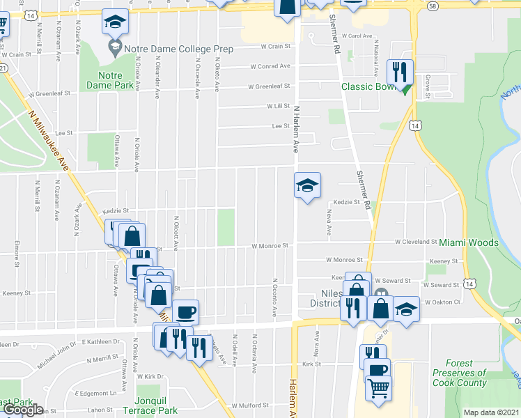 map of restaurants, bars, coffee shops, grocery stores, and more near 8259 North Octavia Avenue in Niles